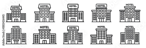 Minimalist hotel building icon pack outline version. Holiday vector design illustration