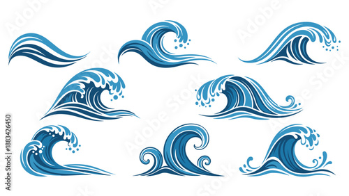 Collection of dynamic blue ocean wave graphics depicting powerful sea surges, breaking surf, and water splashes.