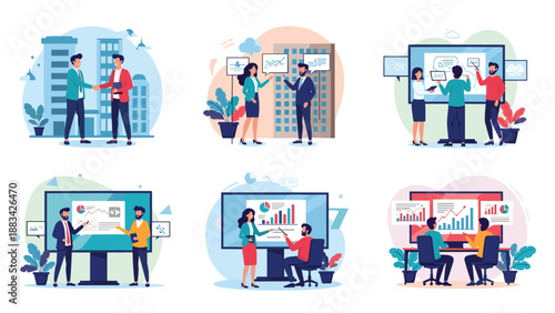 Professional business people participating in team meetings, data presentations, and collaborative office discussions.