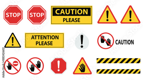 Comprehensive collection of safety warning signs including stop, caution, attention, and restricted access symbols.