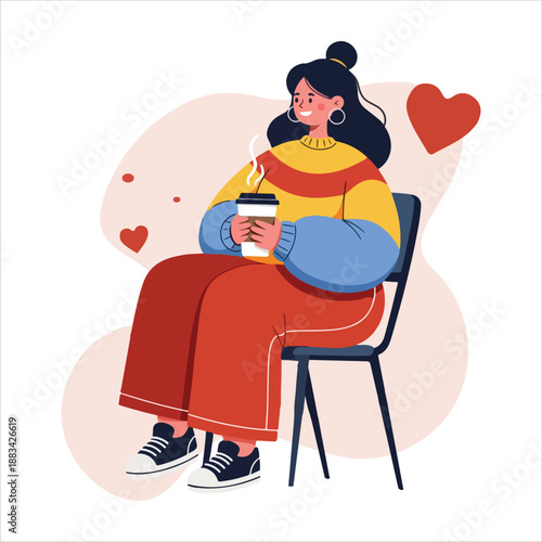 Cozy young woman sitting on chair drinking hot coffee or tea with hearts background flat vector illustration of self-care and relaxation