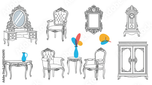 Elegant line art drawings of vintage and antique furniture pieces including ornate chairs, a vanity, and a grandfather clock.
