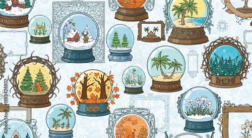 Seamless pattern of various snow globes with winter and summer scenes