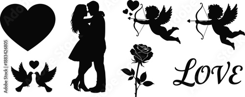 Romantic love icons, heart silhouette, kissing couple, cupid with arrow, doves and heart, rose flower, love typography, Valentine's Day clipart