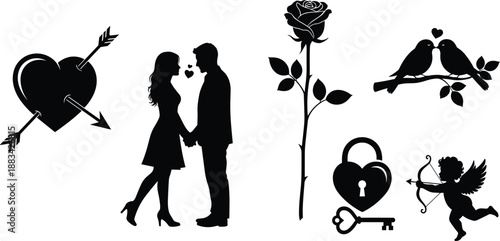 Romantic love silhouettes, heart with arrows, couple holding hands, rose flower, birds on branch, cupid aiming, heart padlock, Valentine's clipart