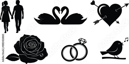 Romantic love silhouettes, couple walking, swan heart shape, heart with arrows, rose flower, wedding rings, singing bird, Valentine's clipart