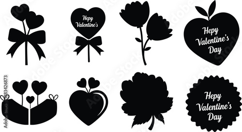 Valentine's Day icons, heart balloons, romantic flowers, gift boxes, love badge, decorative hearts, floral elements, festive clipart, romantic symbols