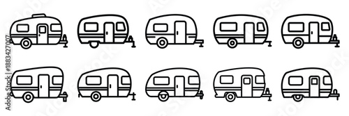 Minimalist caravan trailer icon pack outline version. Holiday vector design illustration
