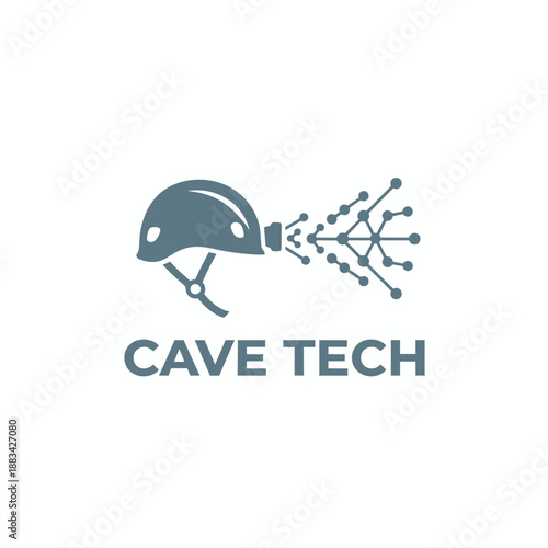Safety helmet icon emitting digital network nodes for mining innovation and advanced cave exploration branding specifically for CAVE TECH