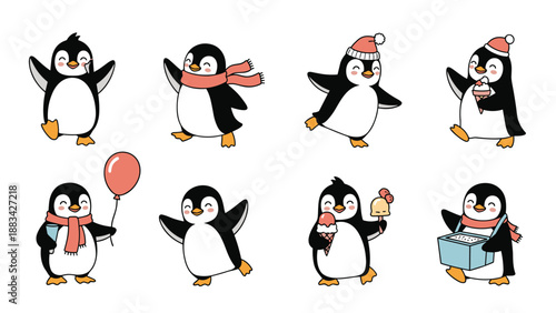 Adorable penguin characters enjoying winter activities such as eating ice cream, holding balloons, and wearing scarves.