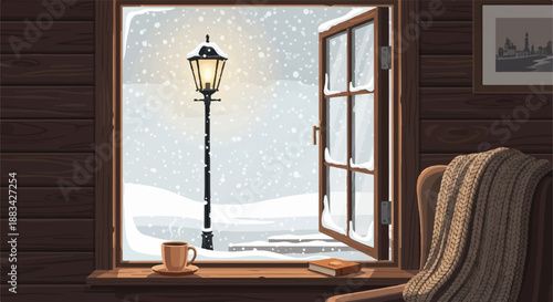 Cozy winter night view through open window with snow and street lamp