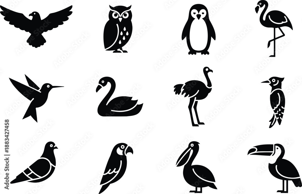 Fototapeta premium A collection of various bird species silhouettes and icons on a white background