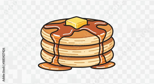 Three Tiers of Fluffy Pancakes Topped with Melting Butter and Drenched in Maple Syrup