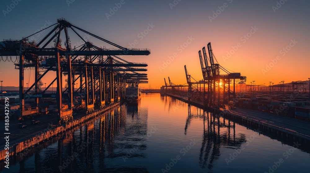 Obraz premium Towering container port gantry cranes lined along a cargo terminal at sunrise with colorful shipping containers and calm water reflecting the vibrant sky