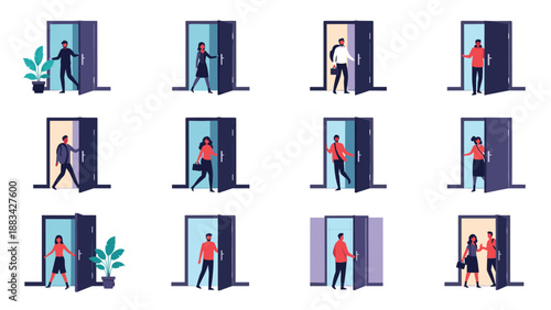 Set of characters in everyday clothing walking through open doorways into various bright or colorful interior room spaces.