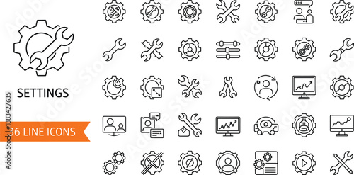 Set of 36 Settings Line Icons Featuring Cog Wheels Wrenches and Configuration Symbols for Web Design Software Development Technical Support and System Maintenance Operations