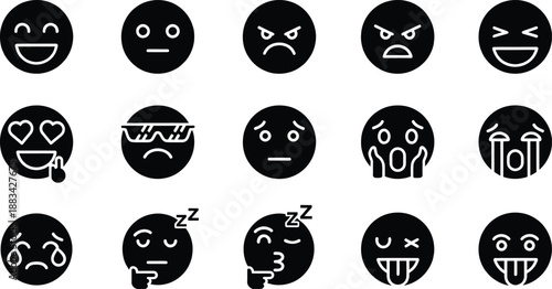 A set of black and white emoji icons representing different human emotions.