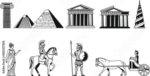 PrintAncient History and Mythology Illustration Set Featuring Greek Temples Egyptian Pyramids Roman Soldiers Chariots Mythology Goddess and Classic Architectural Columns Vector Graphic Art Design