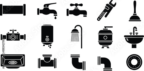 A comprehensive collection of black silhouette icons representing plumbing fixtures and tools