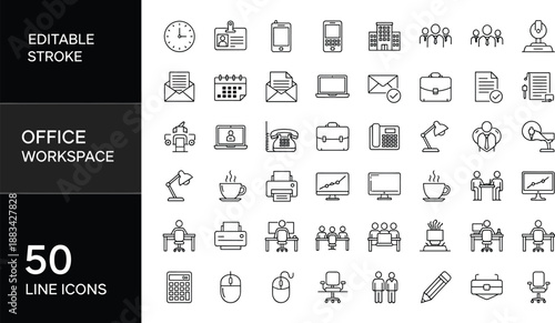 50 Office Workspace Line Icon Set Featuring Business Management Corporate Supplies Professional Career Desk Furniture Communication Technology and Employment Teamwork Vector Graphics for Web Design