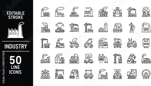 50 Industry Line Icon Set Featuring Factory Manufacturing Plant Construction Crane Power Energy Oil Refinery Engineering Heavy Machinery Logistics Production Warehouse Industrial Building Symbols