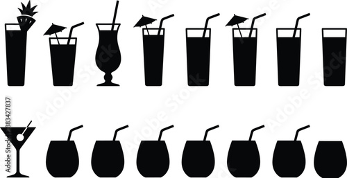 PrintBlack Cocktail Silhouette Vector Set Featuring Tropical Drinks With Straws Umbrellas and Fruit Garnish for Bar Menus Summer Party Flyers and Hospitality Graphic Design