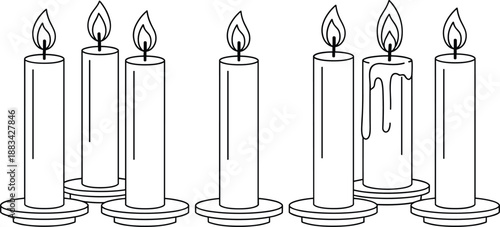 PrintBurning White Candles Illustration Set Featuring Various Sizes and Shapes with Melting Wax and Flames on Holders for Religious Spiritual or Decorative Design Vector