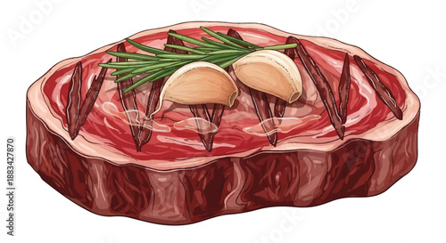 High Quality Raw Beef Ribeye Steak with Fresh Garlic Cloves and Rosemary Garnish