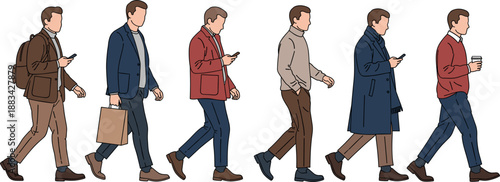 Walking Business Men Vector Illustration Set Showing Stylish Male Characters in Different Outfits and Everyday Urban Poses