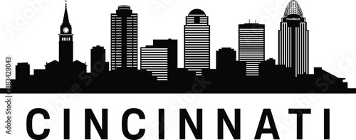 PrintCincinnati city skyline silhouette illustration, urban architecture vector graphic, iconic building outline art, metropolitan landmark design sketch, modern cityscape decorative element 