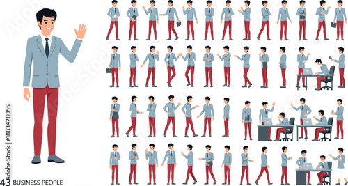 Business Man Character Vector Set Showing Multiple Office Poses Gestures and Professional Working Scenarios