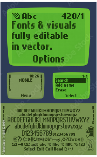 Fully editable fonts and visuals of an old mobile phone from the 2000s with a screen with or without light in vector