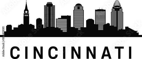 PrintCincinnati city skyline silhouette illustration, urban architecture landmark vector graphic, iconic building outline art, metropolitan design sketch, modern cityscape decorative element 