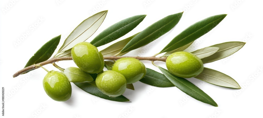Fototapeta premium The olive branch with fresh green olives and glossy leaves on white background
