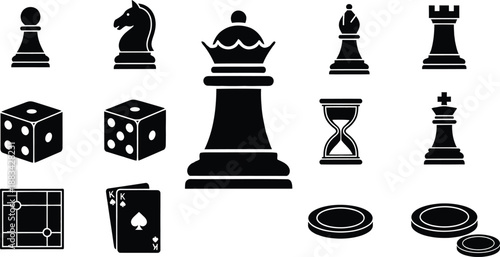 A diverse collection of black silhouette icons representing classic board and card games