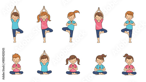 Cute cartoon children practice different yoga poses including tree and lotus positions to promote health and mindfulness for young learners.