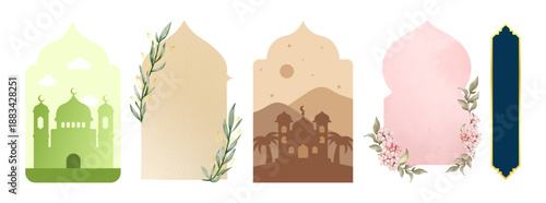 Islamic arch shapes with floral decorations and mosque silhouettes,mosque shapes graphic islam elements. Arab decorative window, muslim architecture ornate beautiful racy vector design