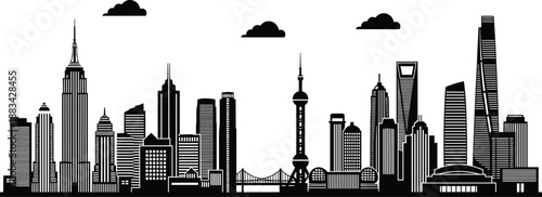 PrintGlobal city skyline silhouette illustration featuring Empire State Building and Oriental Pearl Tower, iconic skyscraper landmark vector graphic, urban architectural outline art