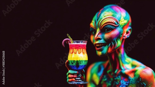 Vibrant Alien with Colorful Drink