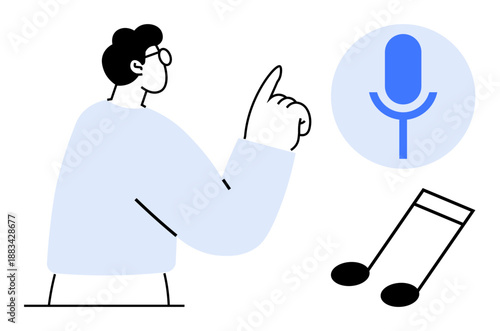 Music creation, podcasting, audio technology, voice recognition, media communication, user interaction. A person points to a microphone icon near music notes. Podcasting and audio technology concept