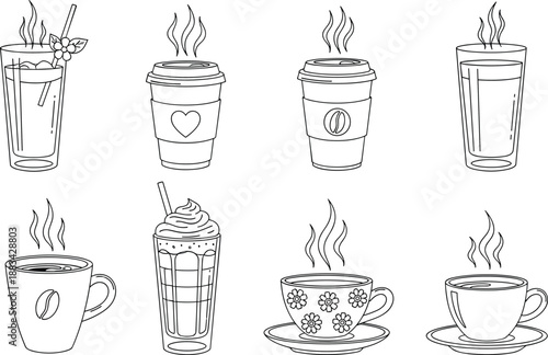 PrintHot and Cold Beverage Illustration Set Featuring Coffee To Go Cups Tea Cups Iced Drinks with Straws and Frappuccino with Whipped Cream Vector Design