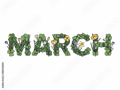 March A Floral Celebration of the Month with Greenery and Blooming Flowers in a Unique Design