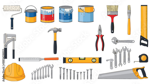 Comprehensive set of construction hand tools and maintenance equipment including hammer, saw, level, and paint cans.