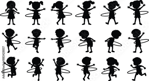 Children hula hoop silhouettes collection, playful kids exercising with hoops, active boy and girl poses isolated black vector