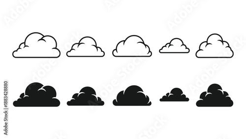 Different types of cloud silhouettes isolated on white background, Vector