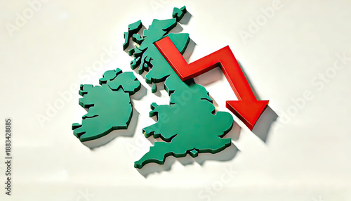 United Kingdom Map with Red Downward Arrow Representing Economic Decline and Financial Downturn