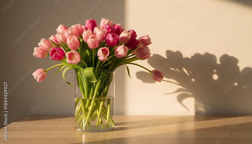 Fototapeta premium A vase of pink and red tulips on a table casting shadows on the wall behind it