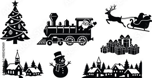 Christmas silhouette set, Santa train, reindeer sleigh, tree, gifts, snowman and winter village holiday vector collection