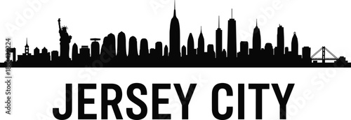PrintJersey City skyline silhouette illustration with Statue of Liberty, iconic skyscraper landmark vector graphic, urban architectural outline art, metropolitan cityscape design 