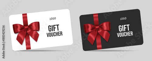 3d realistic gift cards with a ribbon bow. Gift Certificate Template, Sale Card, Birthday, Christmas